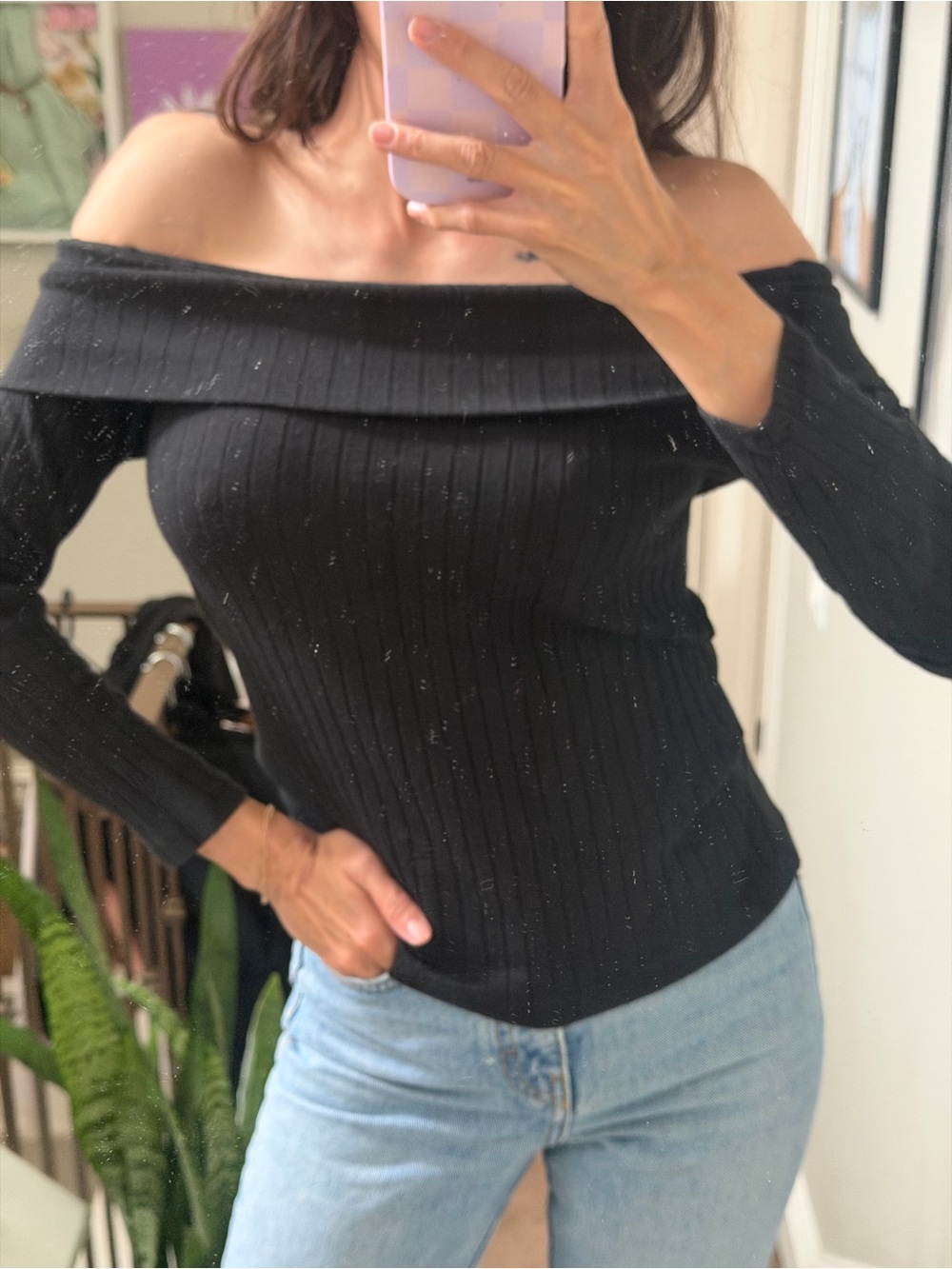 Vince Black Off-the-Shoulder Ribbed Knit Sweater